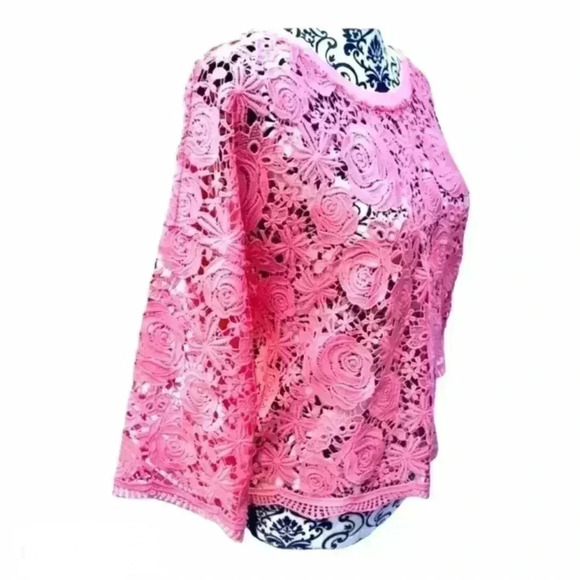 CHELSEA 28 Pink Crochet Victorian boho “Roses” Crew Neck 3/4 Sleeve Top (S) - Picture 1 of 7